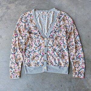 Tory Burch Floral Stripe Contrast Print V-Neck Button Front Cardigan medium